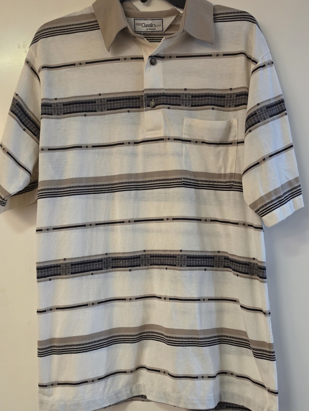 Vintage Palmland Men's Short Sleeve Polo Shirt - Beige & Gray Striped